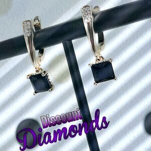 Black Sapphire and White Baguette Diamond Stud Earrings 18K Gold on 925 Silver